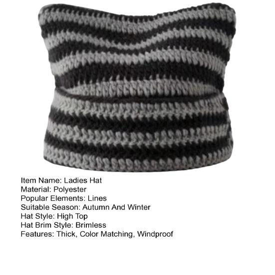 Winter Ladies Hat Kitty Head Contrast Color Striped Star Fur Ball Decor Demon Cap Windproof Elastic Anti-slip Warm Headwear
