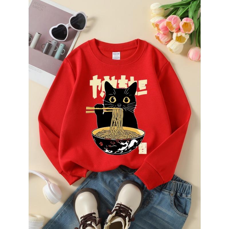 European sizes Girls' Long-Sleeve Round Neck Sweatshirt "Black Cat Eating Noodles" Print, Spring/Autumn, Casual, Daily & Sports.