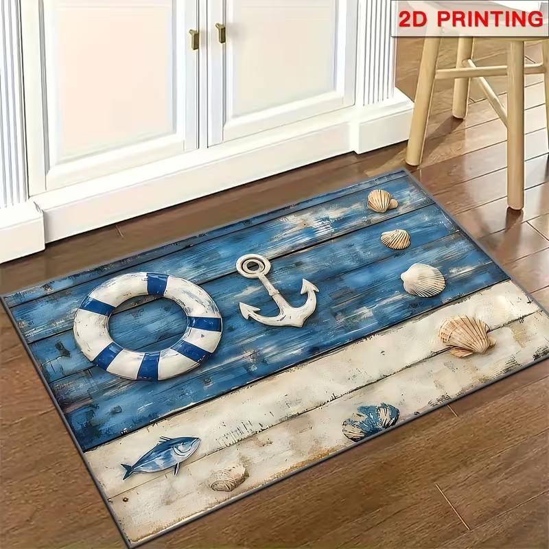 Beach Themed Nautical Doormat Soft Non-Slip Starfish Anchor Boat Print Entryway Rug Kitchen Living Room Home Decor Carpet