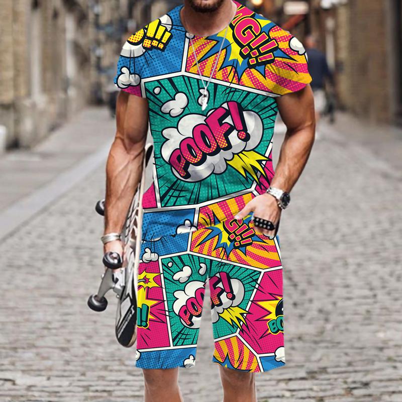 Letná súprava pánskych tričiek Hip Hop Funny Tričko Šortky s krátkym rukávom 2-dielna tepláková súprava Farebné Neformálne Športové oblečenie Unisex Oblečenie