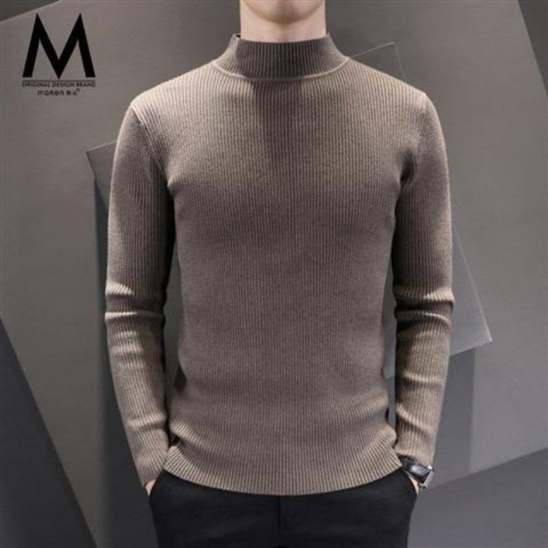 Pull Col Montant Homme Épais Automne Hiver Slim Pull-over Col Mi-haut Tricoté Chemise de Base