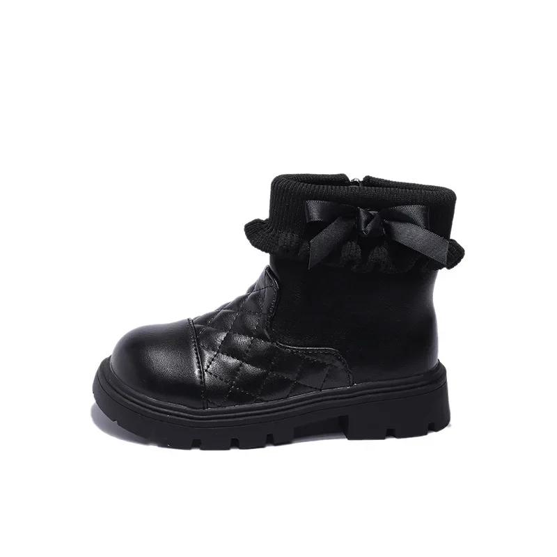 2024 Children Short Boots for Girls Autumn Winter New Fashion Sweet Bowtie Soft Bottom Anti-slippery Princess Chic Leather Shoes