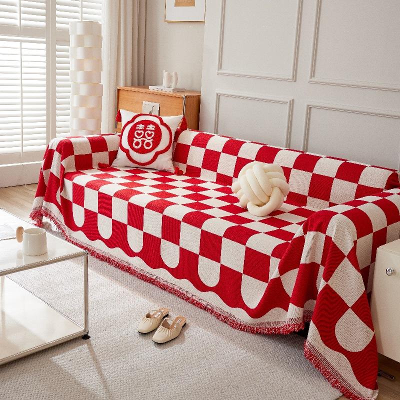 Chenille Black and White Checkerboard Sofa Cushion Sofa Cover Four Seasons Universal Simple Black Cushion Backrest Towel Cover Cloth