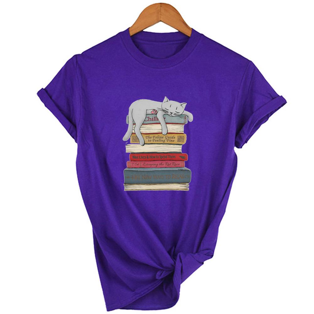 Sleeping Cat And Book Graphic Tees Women Harajuku Summer Short Sleeve T Shirt Streetwear Tumblr Female