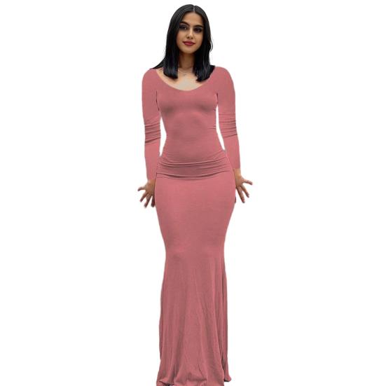 Long Sleeve Maxi Dress for Women Fall Casual Crew Neck Long Dress Slim Fit Bodycon Ruched Cocktail Party Dress