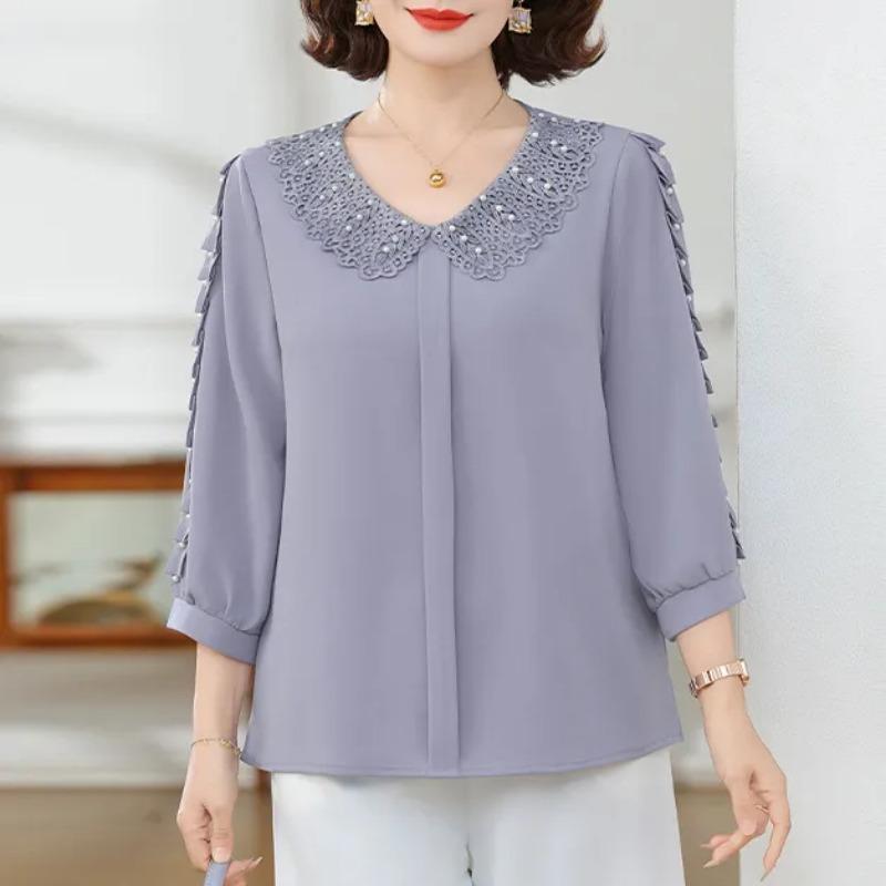 Damen-Bluse mit Lavendel-Pailletten-Spitzenkragen und Dreiviertelärm