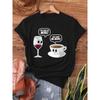 Y-Cartoon Red Wine and Coffee Dialogue Print T-Shirt, Short-Sleeved Crew Neck Casual Top for Summer and Spring, Women'S Apparel