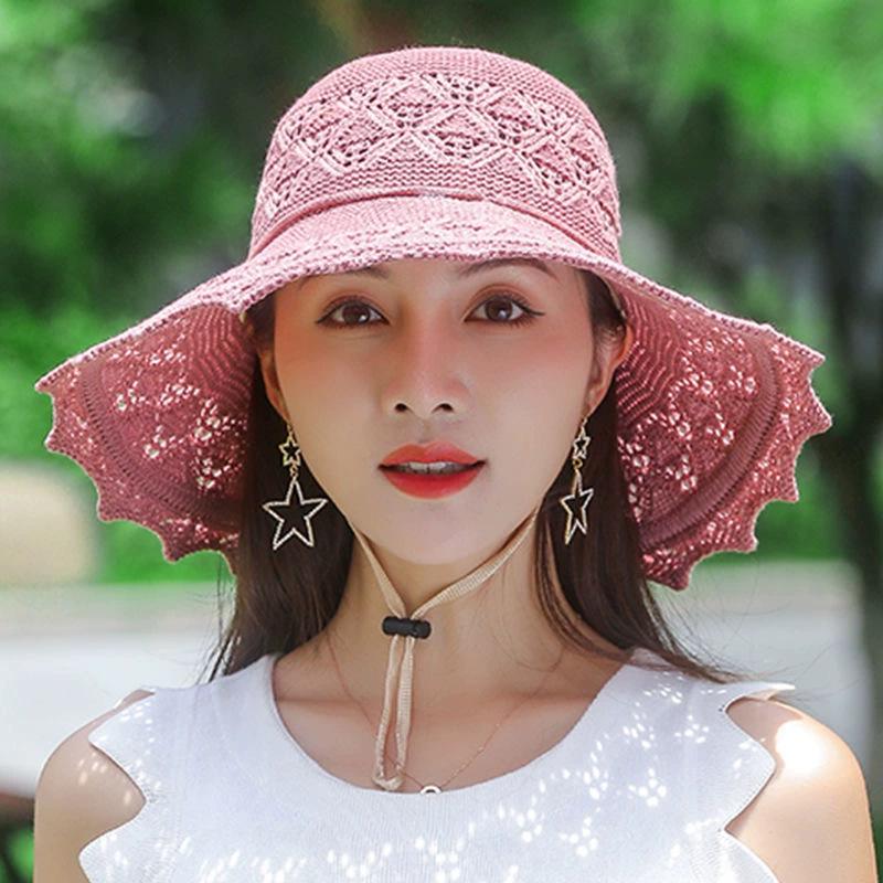 2025 Women's Korean Style Lace Dome Wide Brim Sun Hat - Summer Beach Knitted Sun Protection