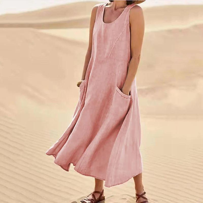 Cotton Linen Sleeveless Maxi Dress Casual Loose Solid Color Pocket Kaftan Beach Cover Up Oversized Summer Dress for Women