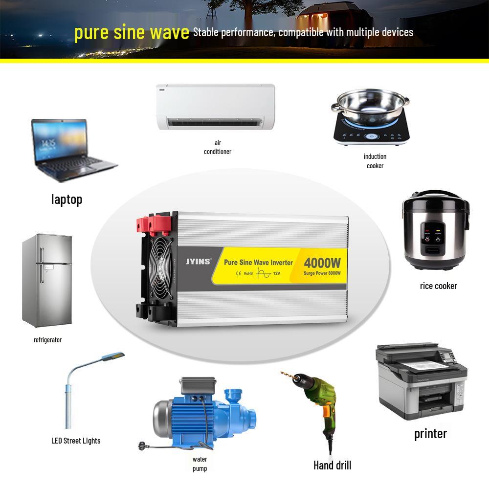 4000W Pure Sine Wave Inverter, 12V To 220V for Home, Solar & Car Backup Power