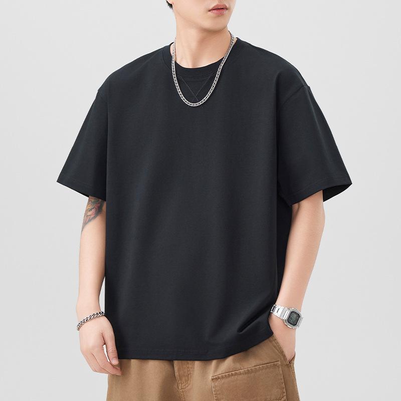 Solid Color Embroidered Short-sleeved T-shirt for Men's Summer New Five-point Sleeve T-shirt Round Neck Loose