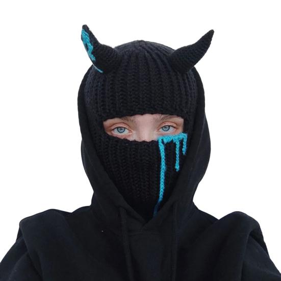 Casquette d'Halloween tricotée avec oreilles de lapin, coupe-vent, accessoire de fête, garde au chaud, ajustement régulier, chapeau en corne imprimé floral pour le sport de plein air