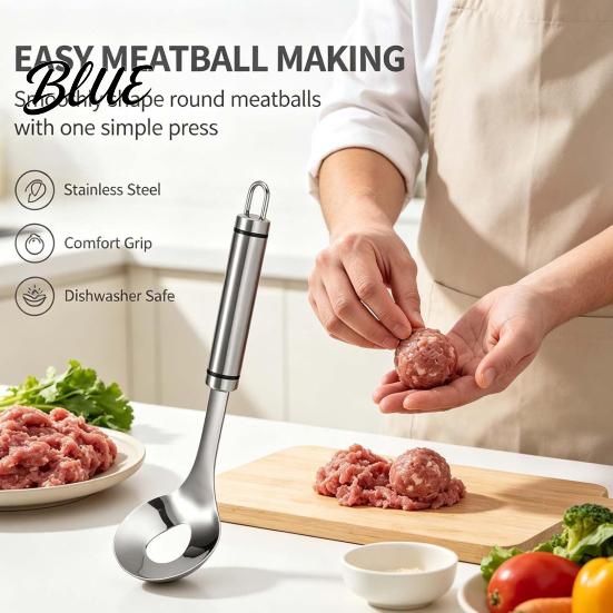 Easy Grip Meatball Spoon Stainless Steel Maker Spoon Non-slip Ergonomic Long Handle Design Fish Ball Professional Meat Baller Tool for Balls