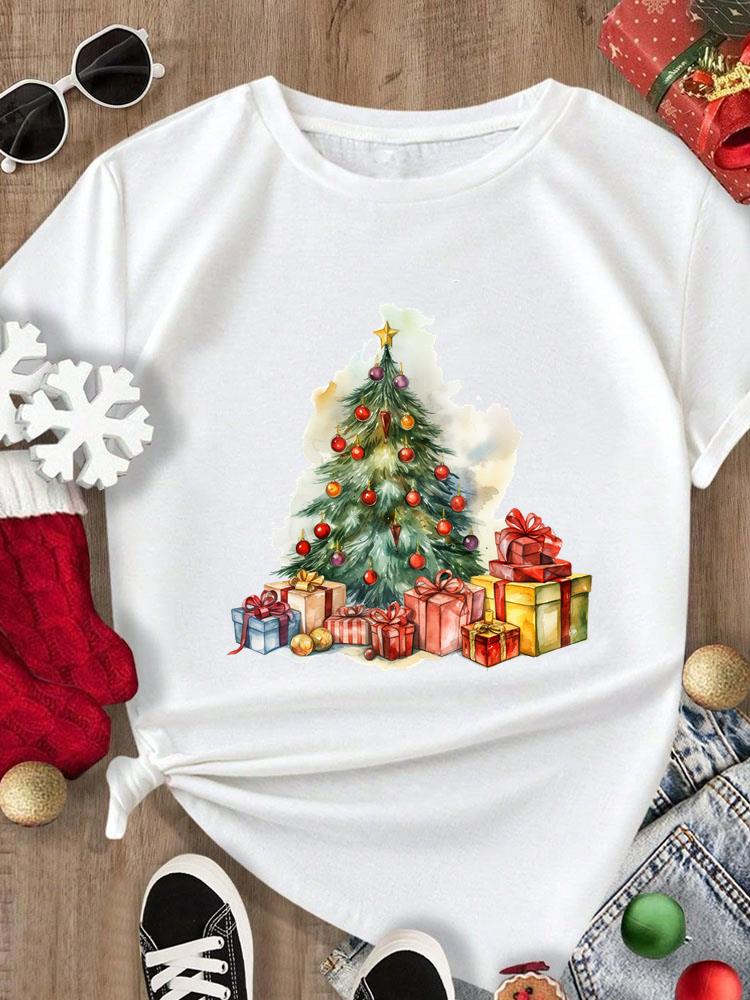 (Asian Size) Tee Merry Christmas New Year Holiday Top festival Casual letter trend cute Women Print Lady Short Sleeve Fashion Graphic T-shirts