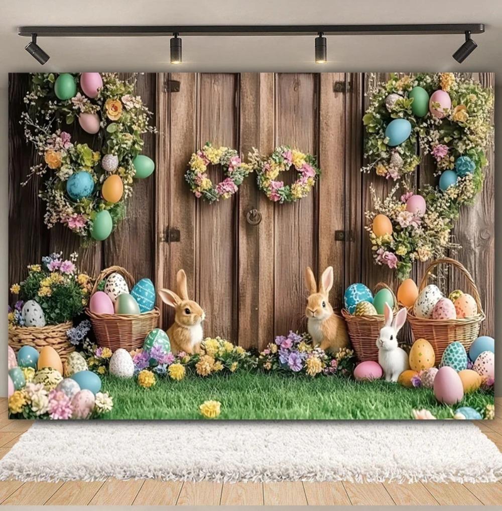 Easter white brick wall flower rabbit Easter egg shooting Backdrop, spring flower wall children's birthday party banner Backdrop14