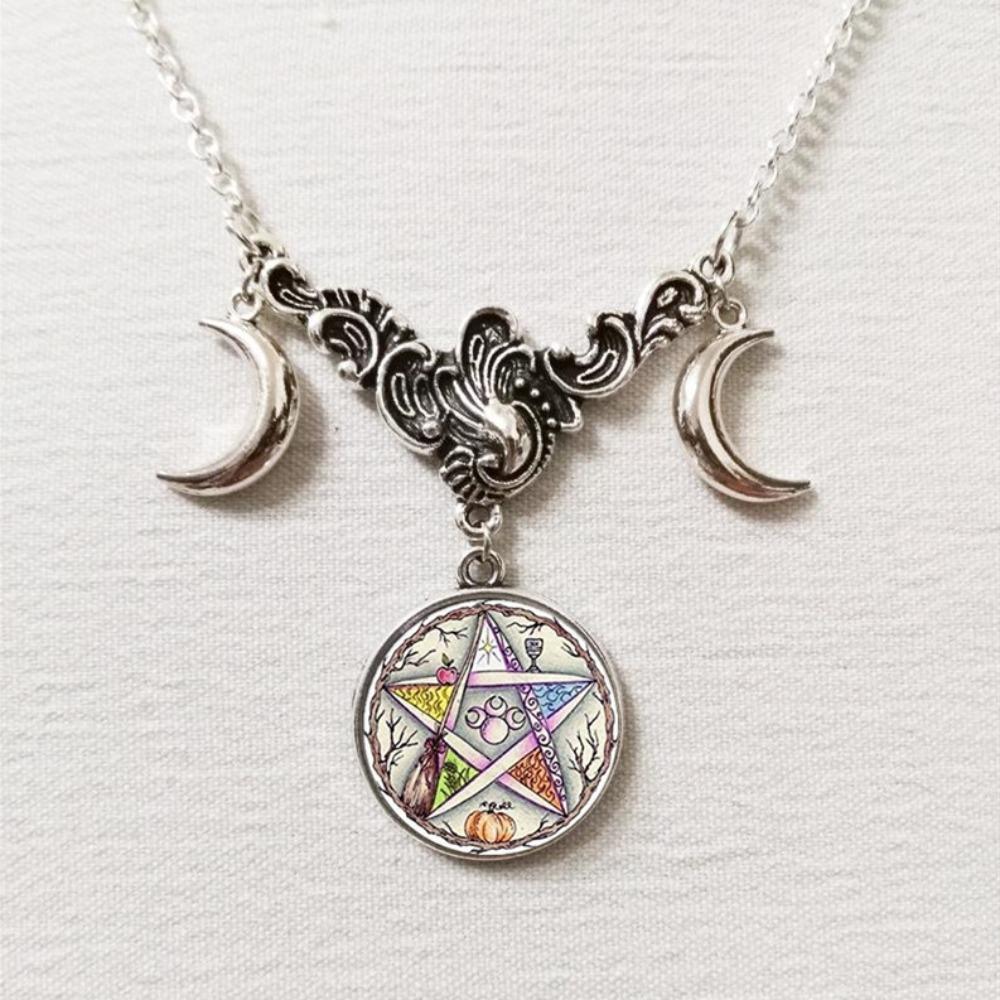 Retro Fashion Sliver Color Triple Moon Goddess Crescent Moon Crystal Glass Pendant Necklace for Women Amulet Charm Jewelry Gifts