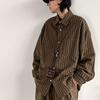 Spring and Autumn Retro Brown Striped Shirts for Men and Women Loose Long-sleeved Pocket Button Lapels Student Loose Casual Shirt Coat