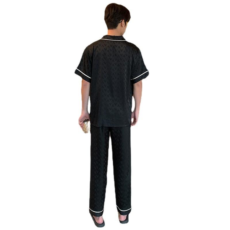Plus Size Men's Spring and Autumn Pajamas Set 3-piece Short Sleeve Short Pants and Long Pants Loungewear Jacquard Summer Thin Ice Silk Homewear Set