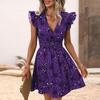 GMXIA Women's Fashion Summer Spring Floral Print  Short Sleeve V-Neck High Waist Casual Dresses