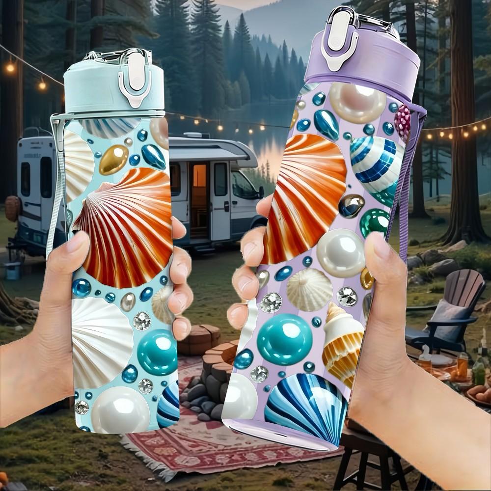 1PC Seashell Conch Ocean Beach Theme Print 750ml Color Plastic Sports Water Bottle Leakproof Flip Straw Lid Suitable for Sports Office Home Use
