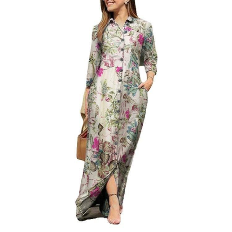 GMXIA Women's Holiday Casual POLO Neck Long Sleeve Long Gown Long Floral Print Cotton Dress Button Shirt