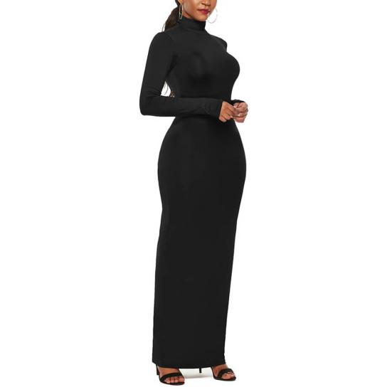 Casual Women Solid Color Long Sleeve Turtle Neck Stretchy Bodycon Long Dress