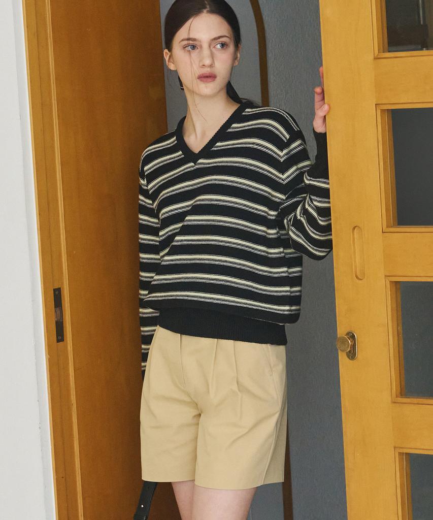 Deuloupisumeon Ripple Stripe Cotton V-Neck Knit [Brown]