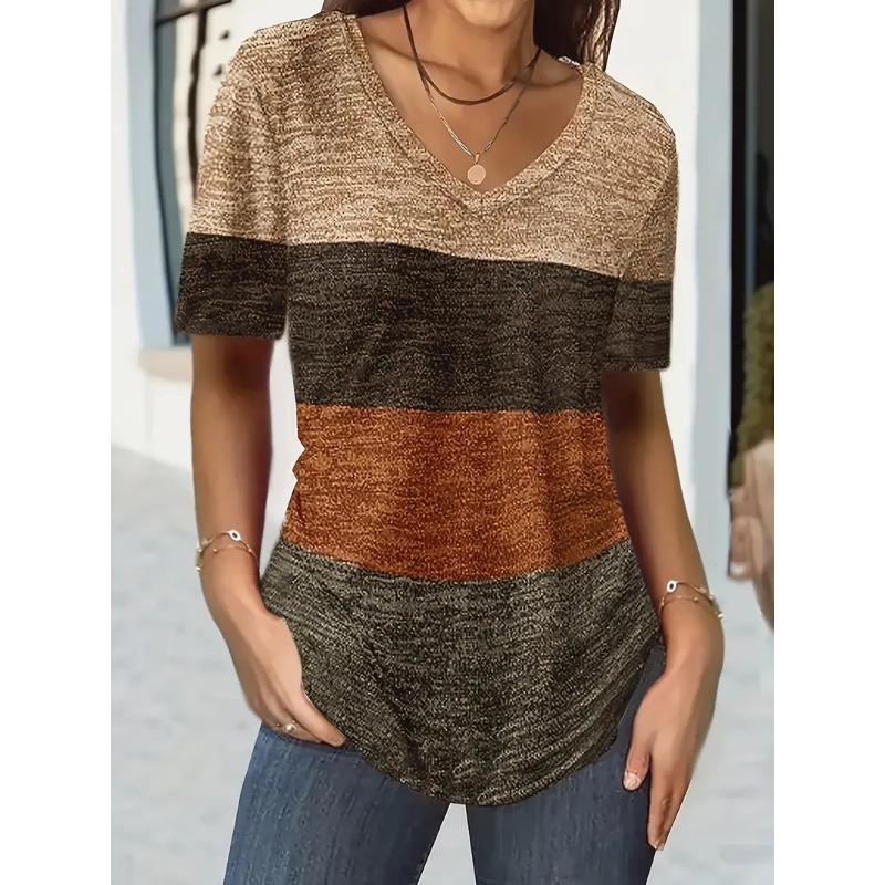V-neck T-shirt Women's Short-sleeved Summer Fashion Trend Short-sleeved Tops Stripes Versatile Oversize Loose Ladies Clothing