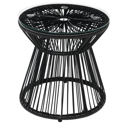 Round End Table, Rattan Side Table, Hollow Drum Design Coffee Table W/ Glass Tabletop for Patio, Garden, Balcony Black
