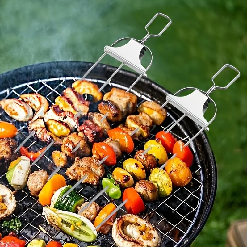 Stainless Steel BBQ Kebab Skewer with Slider Reusable Barbecue Skewers Easy Release Meat for Outdoor Grilling Camping Picnic