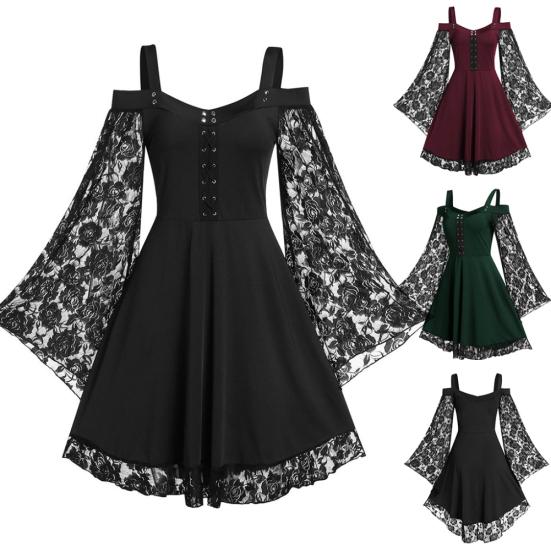 Women Gothic Cold Shoulder Long Flared Sleeve Waist Tight Bandage Party Dress
