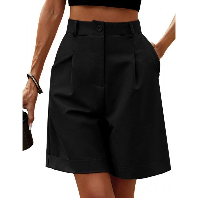 Sommar Damshorts Elastisk Hög Midja Lös Sidfickor Rak Mjuk Enfärgad Andningsbar Casual Business Kontorsshorts