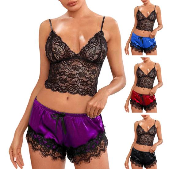 Women Pajama Set Lace Pajama Top Satin Shorts with Black Silk Bow And Lace