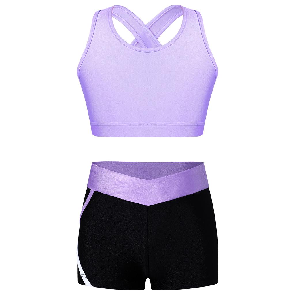 Kids Girls 2 Piece Dance Outfits Crop Top with Booty Shorts Activewear Set Gymnastics Leotard Dancewear