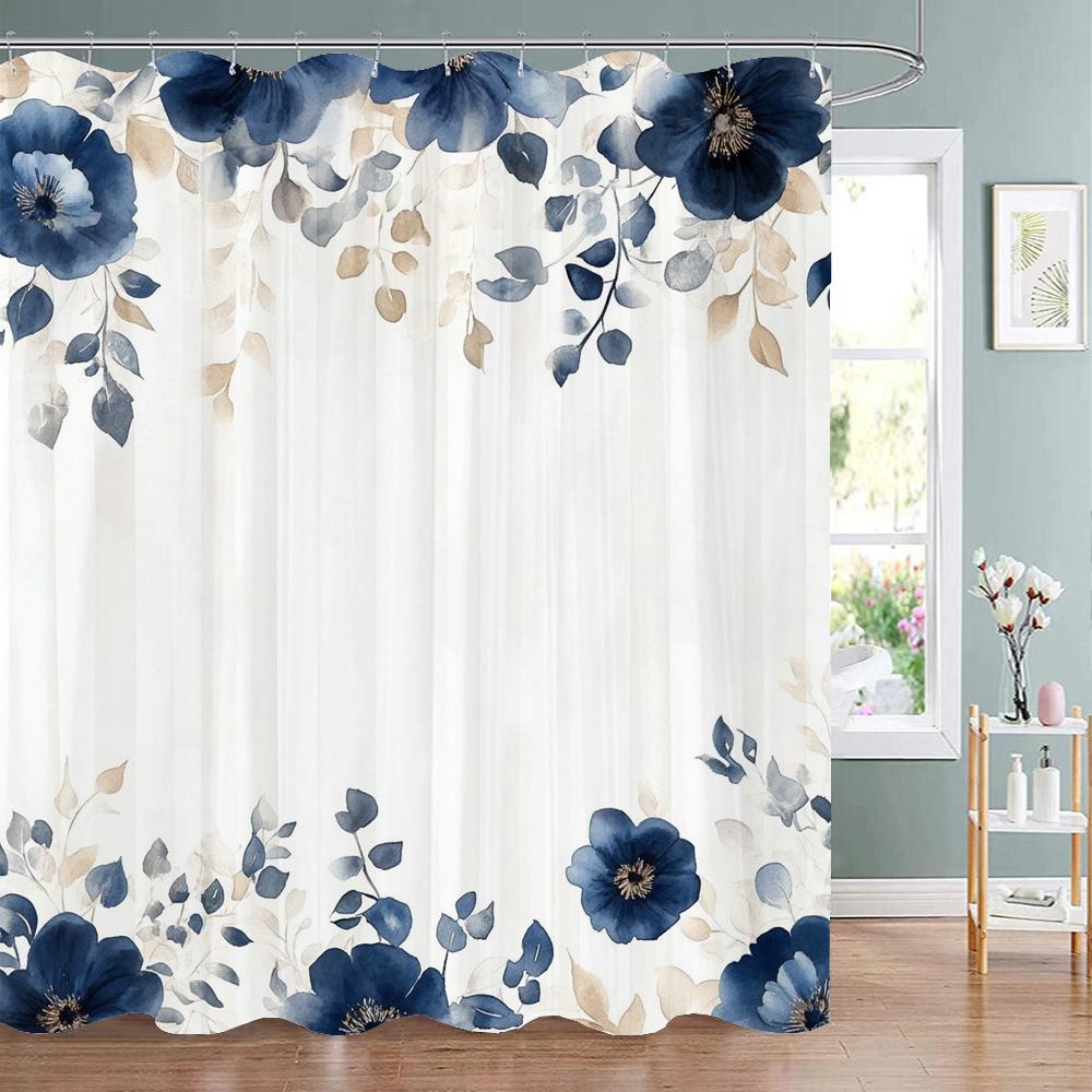 Blauwe Bloemige Douchegordijn, Decoratief Douchegordijn voor de Badkamer, Douchegordijn van Bedrukt Polyester Materiaal met Haken