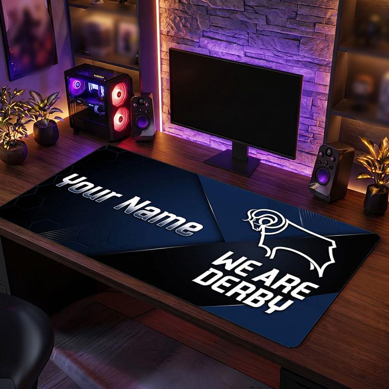 Derby County Custom Large Mouse Pad, Personalized Name Text Print, Football Logo Non‑Slip Desk Mat Gaming Gift