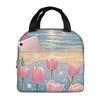 Red Tulip In The Beach Insulated Lunch Bag for Women Kids Leakproof Food Boxes Thermal Lunch Box Tote