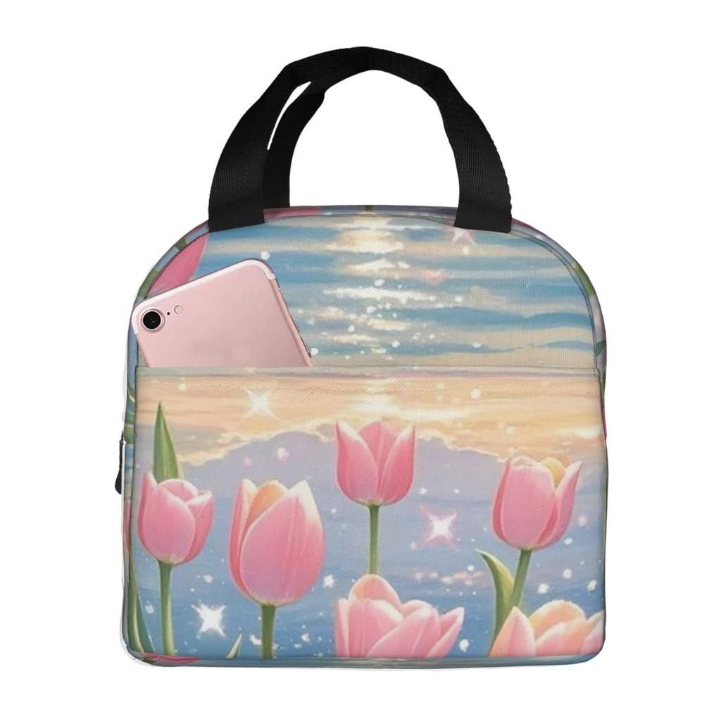 Red Tulip In The Beach Insulated Lunch Bag for Women Kids Leakproof Food Boxes Thermal Lunch Box Tote
