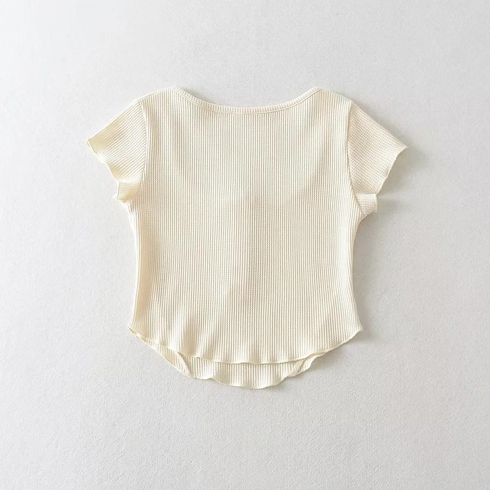 American Style Slim Fit U-Neck Buttoned Waffle Knit Crop Top for Women