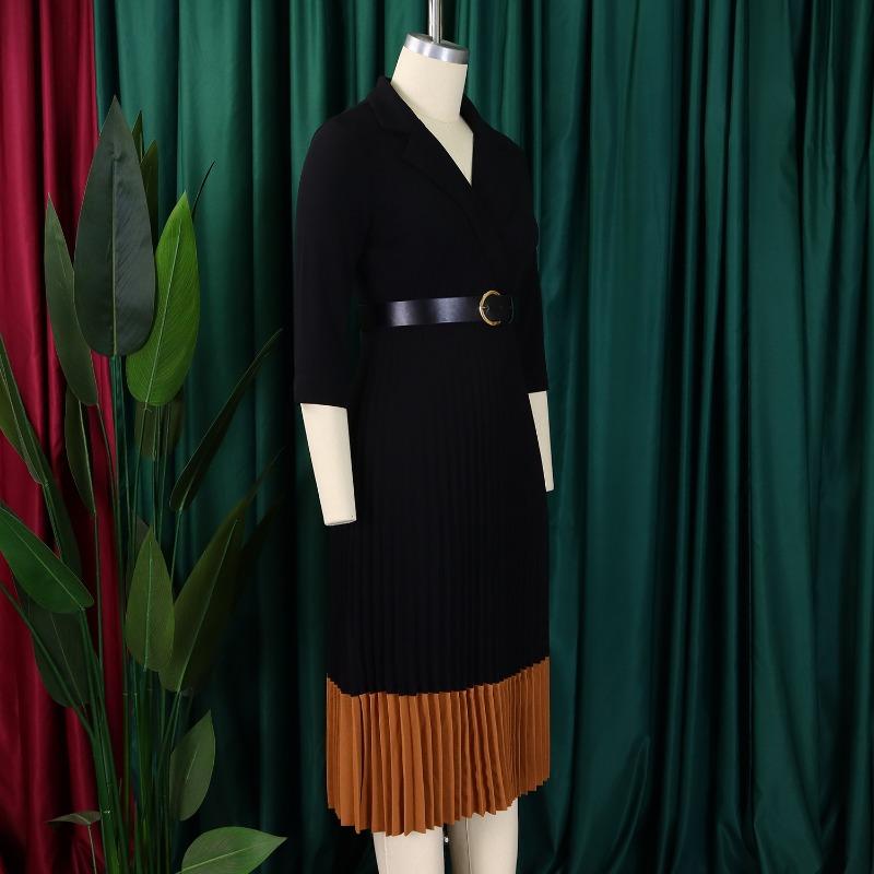 Women Elegant Turn Down Collar Office Puff Sleeve Pleated Midi Dress