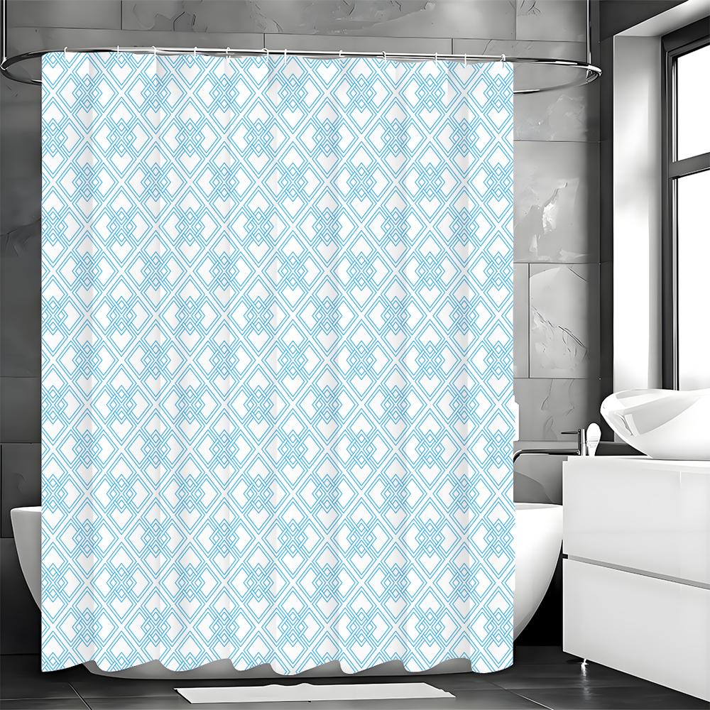 Creative Geometric Blue Shower Curtain, Bathroom Decorative Shower Curtain, Waterproof Shower Curtain with Hooks