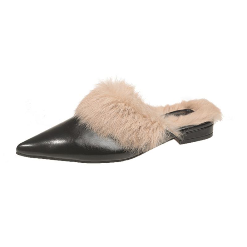 Fur Pointed Toe Women Slippers Plush Cotton Shoes Fad Mid Heels Leather Slingback Flip Flops 2025 Trend Casual Zapatos Mujer