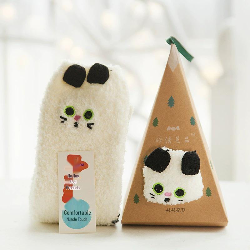 Japanese Christmas Cartoon Socks: Cozy Coral Fleece with 3D Embroidery for Women