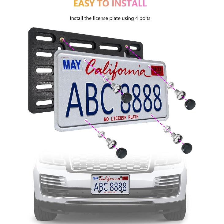 Front License Plate Holder Bracket - Black Universal ABS Mounting Kit Frame with Copper Thread, Screws & 4 Stainless Steel Ties for Front Bumper