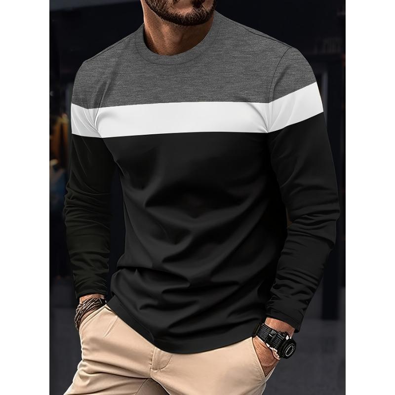 Men's casual outdoor color blocked long sleeved T-shirt, breathable and comfortable top, suitable for fitness, hiking and daily life