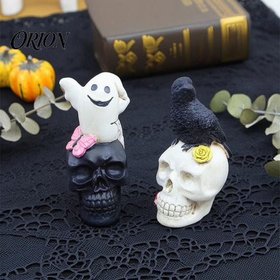 Halloween Tabletop Figures Gothic Skull Figurine, Spooky Ghost/Raven On Statue, Ornaments Resin Ornament for Desk, Mantel, Shelf Decor Small