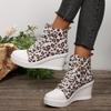 Sexy Leopard Wedge Heel Lace Up Canvas Shoes Women 2025 Autumn Round Toe Medium Heel Shoes Thick Bottom Ankle Boots