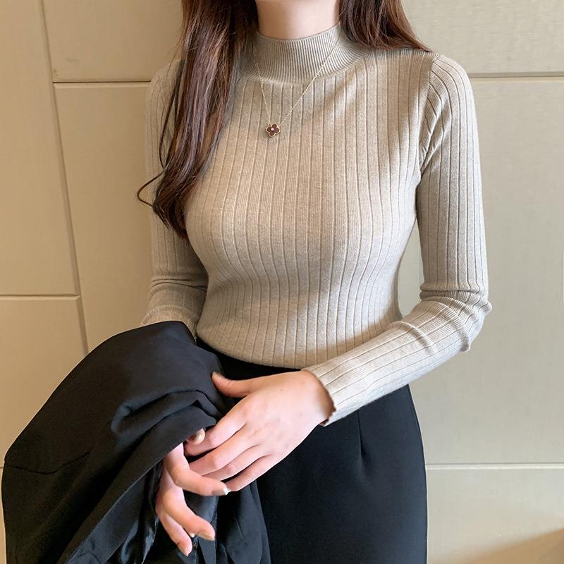 Autumn and Winter New Knitted Sweater Women Half High Collar Solid Bottom Base Pullover Sweaters Ladies Long Sleeve Casual Female Knitwears Tops 25077
