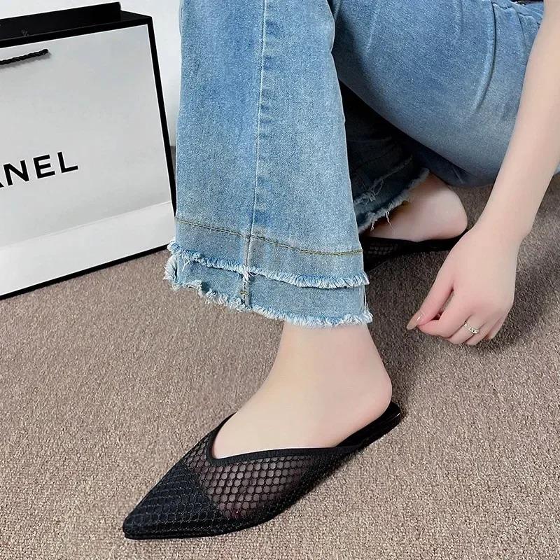 Módní Nové Síťované Dámské Baleríny Špičatá Špička Pantofle Trendy Prodyšné Mules Boty 2025 Ležérní Sandály s Páskem přes Patu Letní Nazouváky Dámské Žabky
