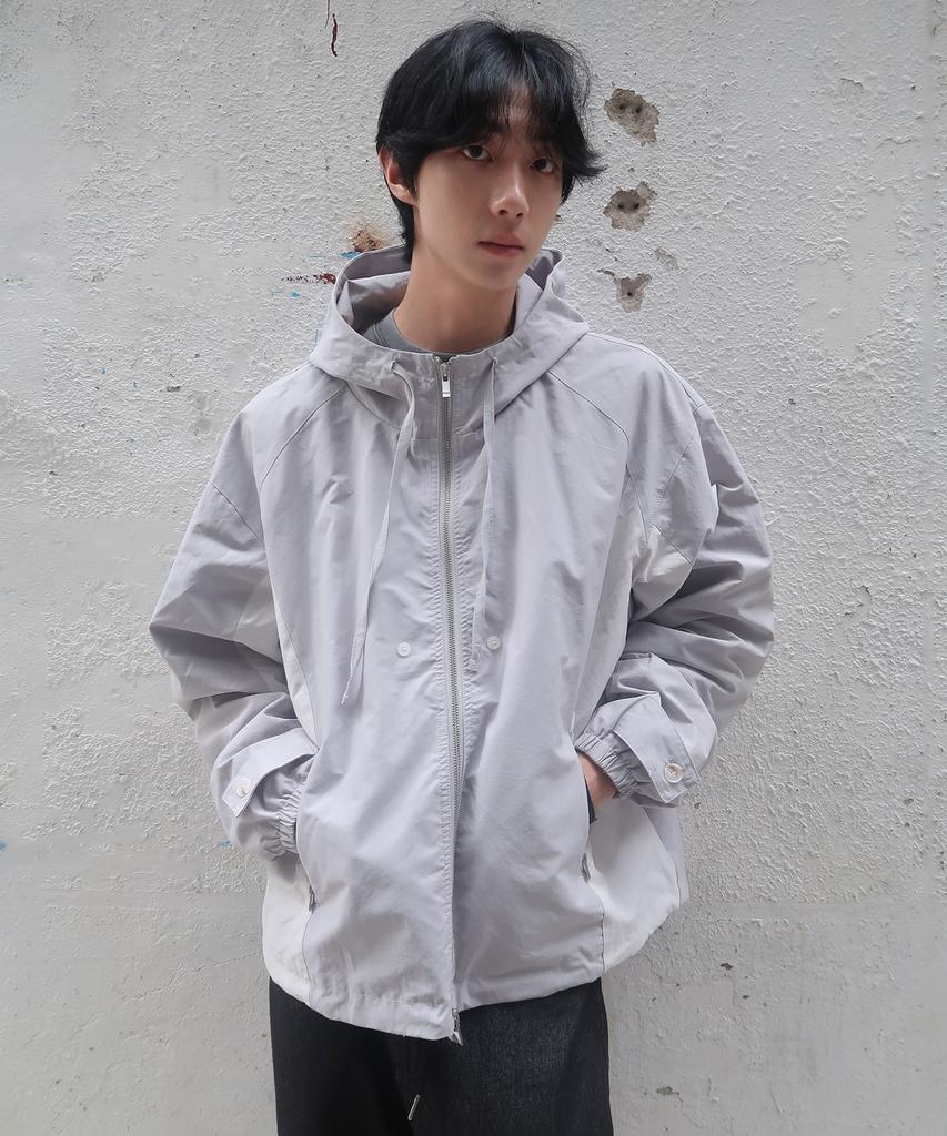 SOMEPLACE MAN Side Contrast Detail Hooded High-Neck Windbreaker Zip-Up Jacket [Grey]